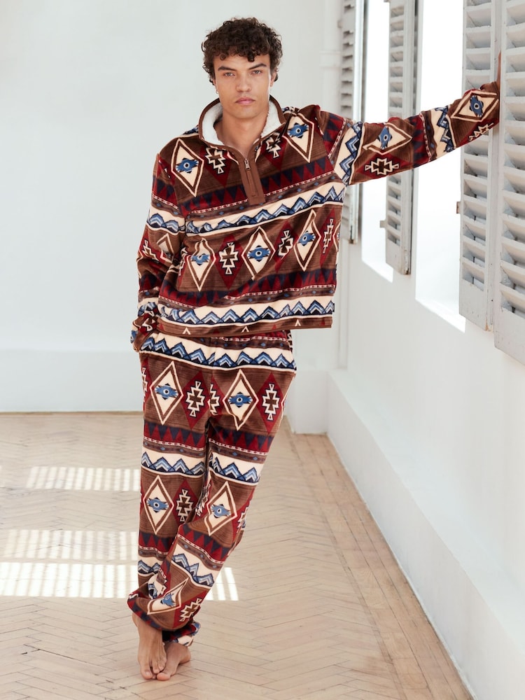 Chelsea Peers Brown/Red Fleece Aztec Print Sweatshirt & Joggers Co-ord Set - Image 1 of 5