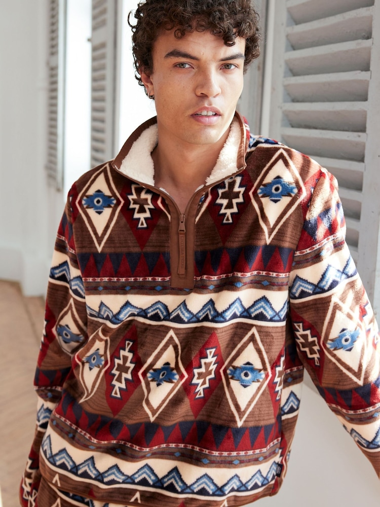 Chelsea Peers Brown/Red Fleece Aztec Print Sweatshirt & Joggers Co-ord Set - Image 2 of 5