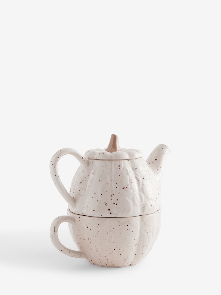 Natural Speckle Pumpkin Stacking Tea for One Teapot and Teacup - Image 2 of 3