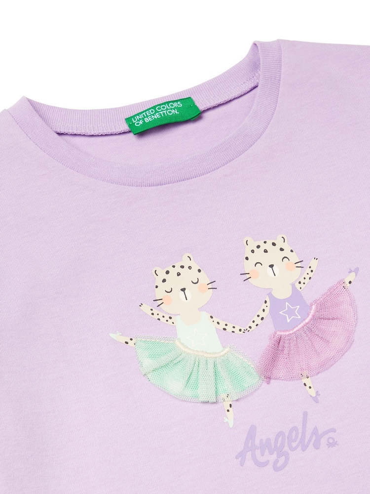 Benetton Girls Purple 100% Cotton Ballerina Print T-Shirt - Image 3 of 3