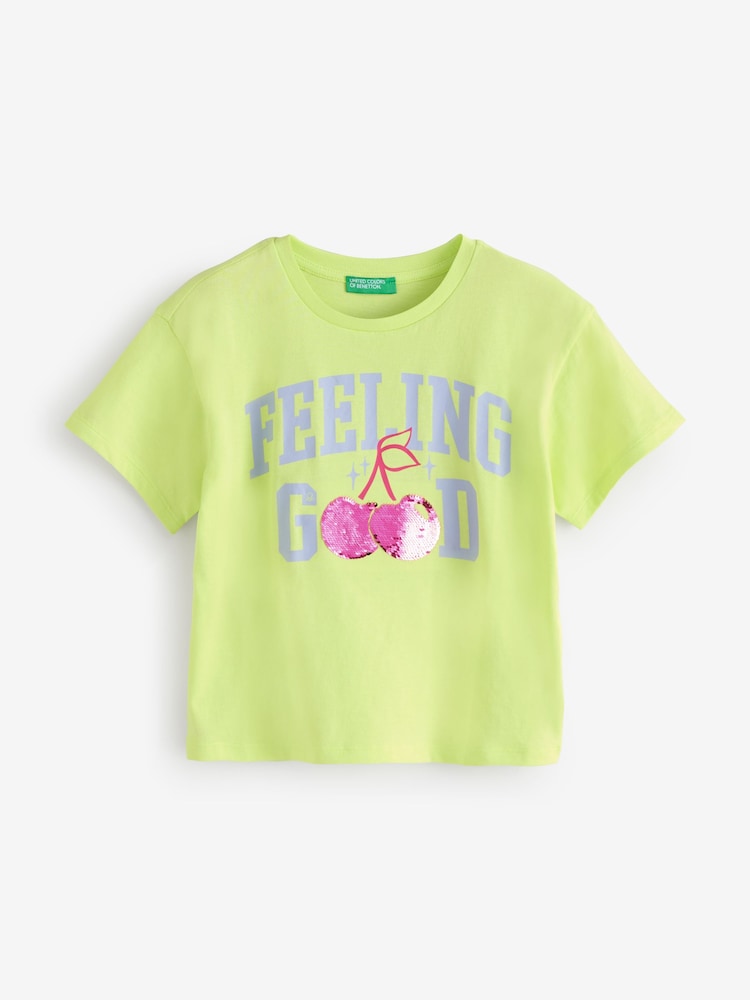 Benetton Girls Yellow Sequin 100% Cotton T-Shirt - Image 1 of 1