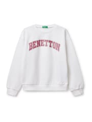 Benetton Girls Logo Crewneck 100% Cotton White Sweatshirt - Image 1 of 3