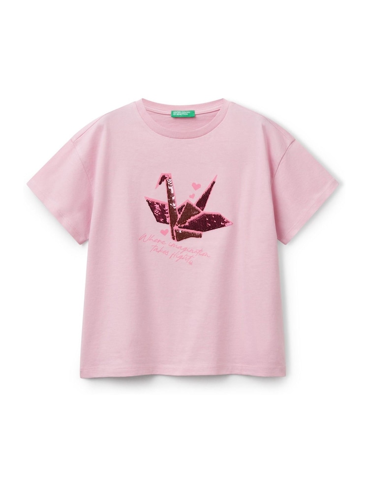 Benetton Girls Pink Sequin 100% Cotton T-Shirt - Image 1 of 3