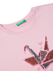 Benetton Girls Pink Sequin 100% Cotton T-Shirt - Image 3 of 3