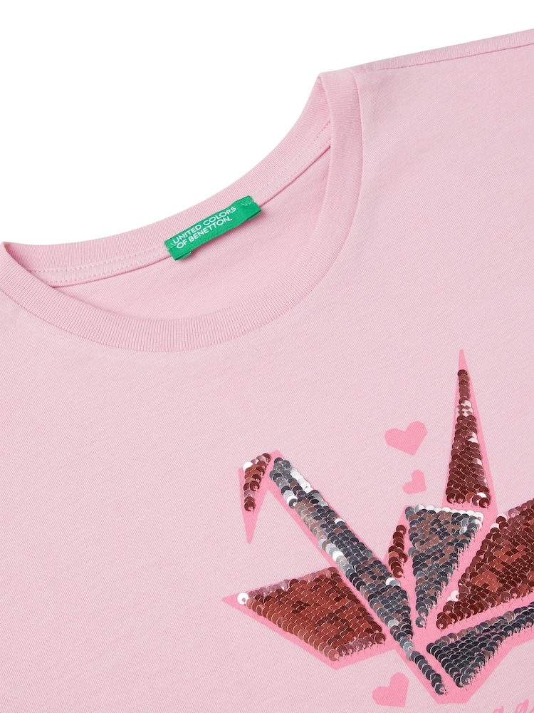 Benetton Girls Pink Sequin 100% Cotton T-Shirt - Image 3 of 3 Benetton Girls Pink Sequin 100% Cotton T-Shirt - Image 3 of 3