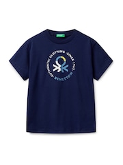 Azul - Benetton Boys Logo Print 100% Cotton T-Shirt - Imagen 1 de 3
