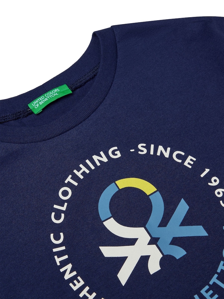 Azul - Benetton Boys Logo Print 100% Cotton T-Shirt - Imagen 3 de 3