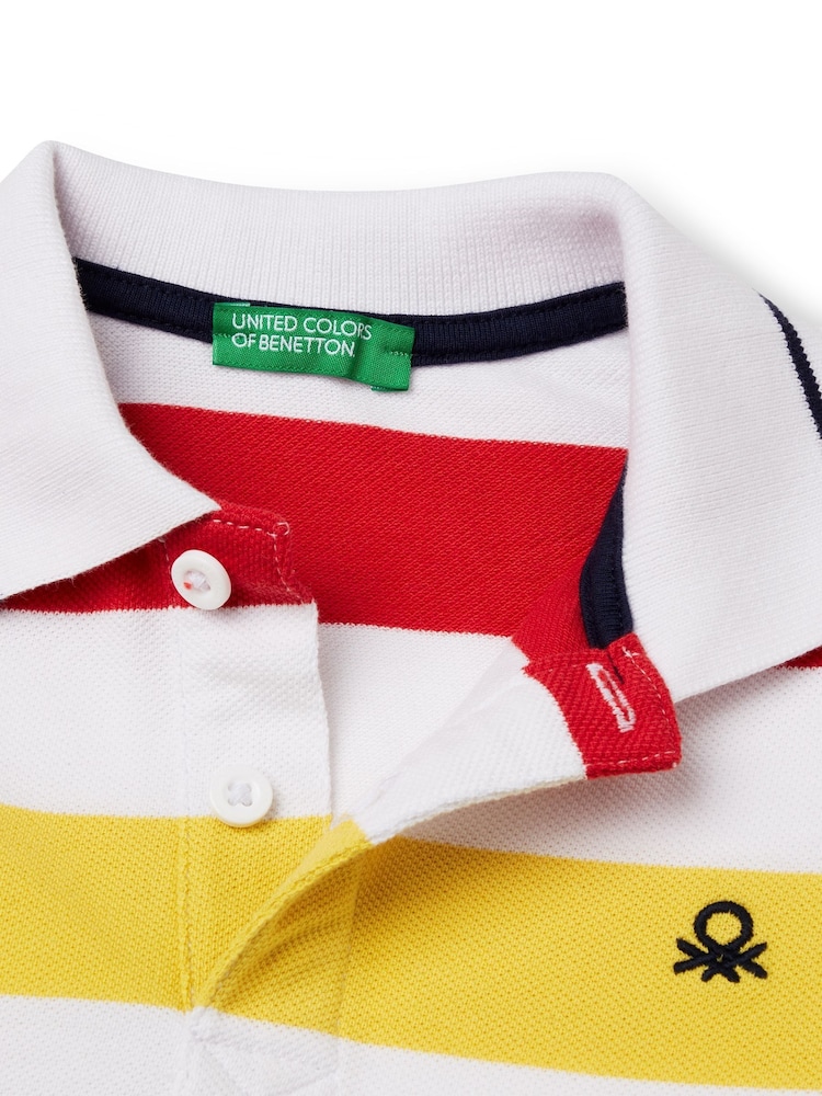 Белый - Синяя рубашка поло из 100% хлопка для мальчиков в полоску Benetton - Изображение 3 из 3