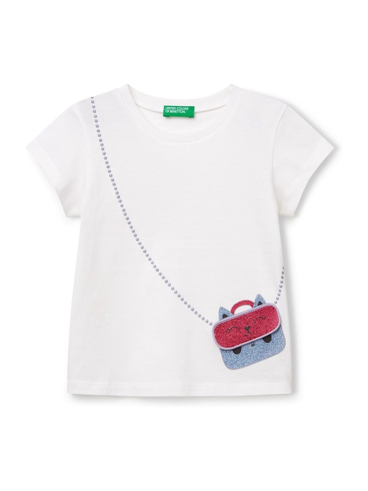Benetton Girls Printed Applique 100% Cotton White T-Shirt - Image 1 of 3