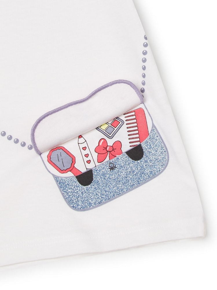 Benetton Girls Printed Applique 100% Cotton White T-Shirt - Image 3 of 3