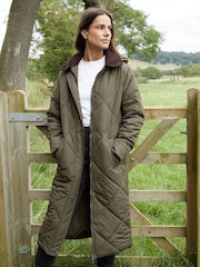 Threadbare Green Padded Diamond Quilted Longline Barn Jacket with Removable Hood - Image 1 of 3