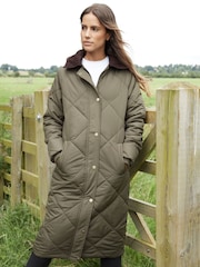 Threadbare Green Padded Diamond Quilted Longline Barn Jacket with Removable Hood - Image 2 of 3