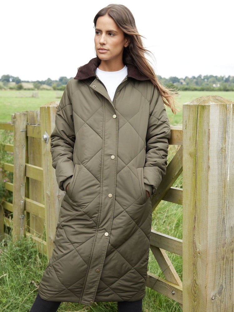Threadbare Green Padded Diamond Quilted Longline Barn Jacket with Removable Hood - Image 2 of 3