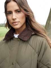 Threadbare Green Padded Diamond Quilted Longline Barn Jacket with Removable Hood - Image 3 of 3