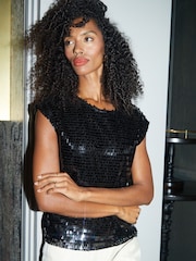 Threadbare Black Sequin Fringe Round Neck Top - Image 1 of 5