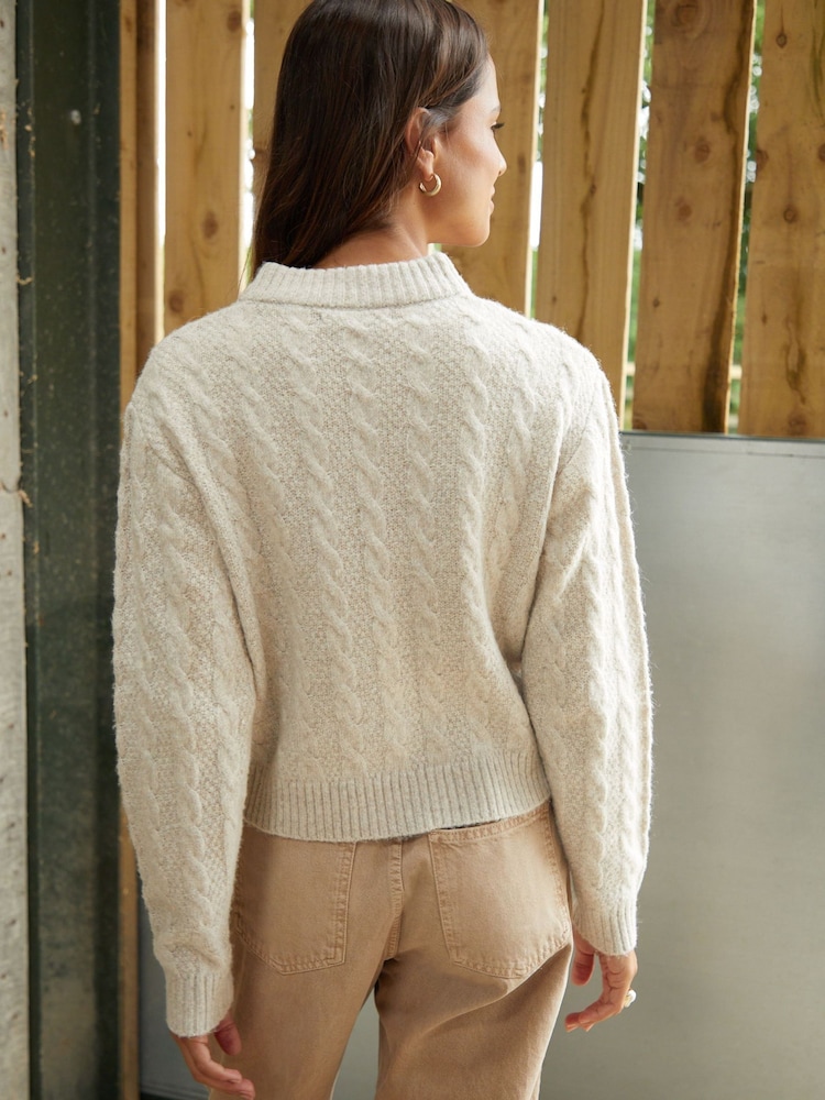 Threadbare Natural Zip-Up Cable Knit Bomber Jacket - Image 5 of 5