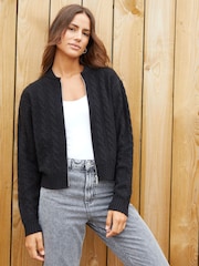 Threadbare Black Zip-Up Cable Knit Bomber Jacket - Image 1 of 5