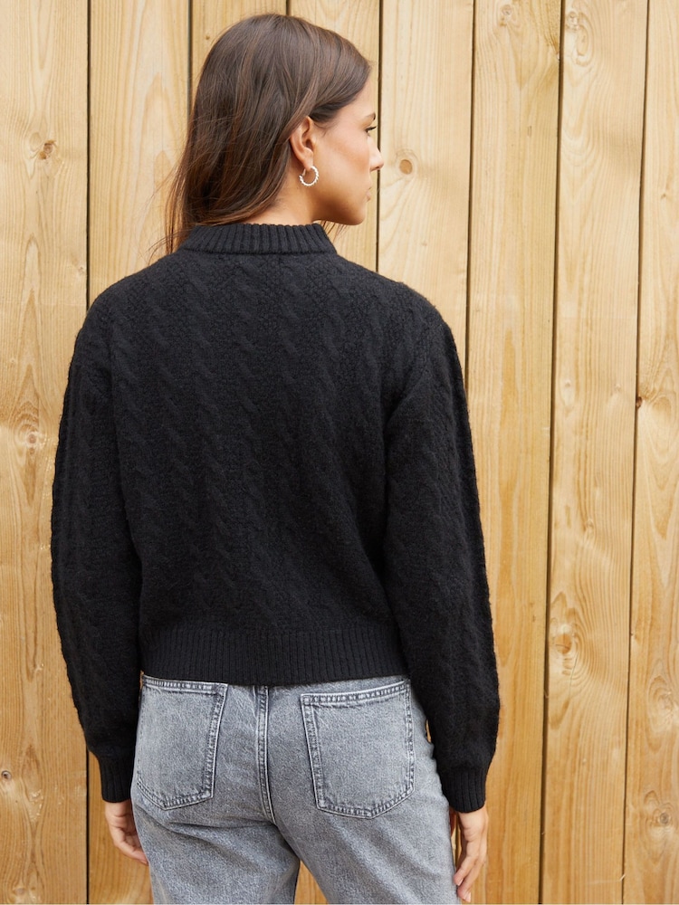 Threadbare Black Zip-Up Cable Knit Bomber Jacket - Image 2 of 5 Threadbare Black Zip-Up Cable Knit Bomber Jacket - Image 2 of 5