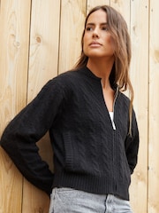 Threadbare Black Zip-Up Cable Knit Bomber Jacket - Image 3 of 5