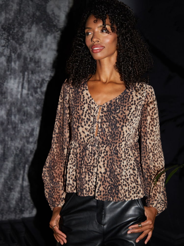 Threadbare Brown Leopard Print Chiffon Tie Front Smock Blouse - Image 1 of 4