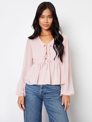 Threadbare Pink Leopard Print Chiffon Tie Front Smock Blouse - Image 1 of 4