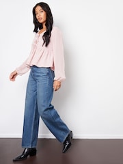 Threadbare Pink Leopard Print Chiffon Tie Front Smock Blouse - Image 2 of 4