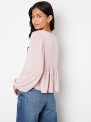 Threadbare Pink Leopard Print Chiffon Tie Front Smock Blouse - Image 3 of 4