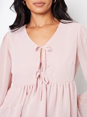 Threadbare Pink Leopard Print Chiffon Tie Front Smock Blouse - Image 4 of 4