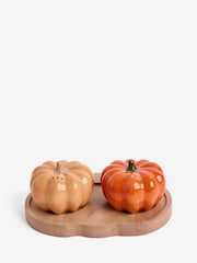 Orange Pumpkin Shaped Salt and Pepper Shakers and Wooden tray - Image 1 of 1