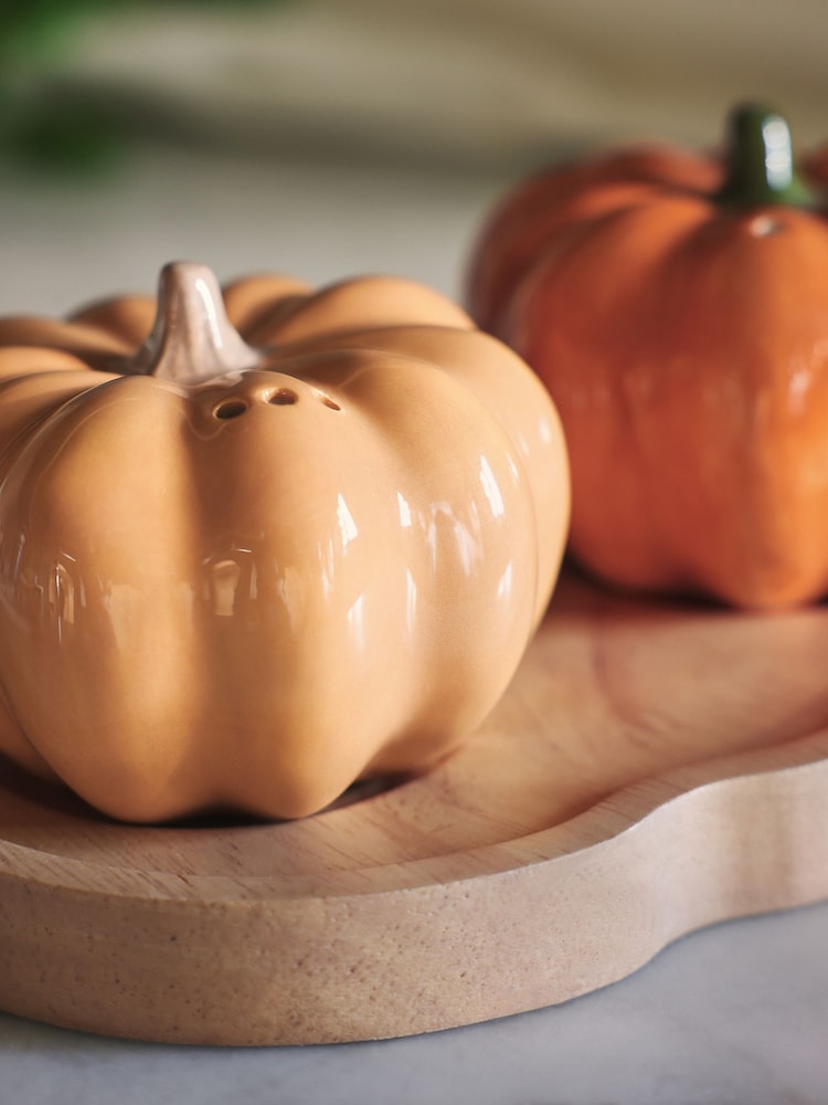 Orange Pumpkin Shaped Salt and Pepper Shakers and Wooden tray - Image 2 of 3