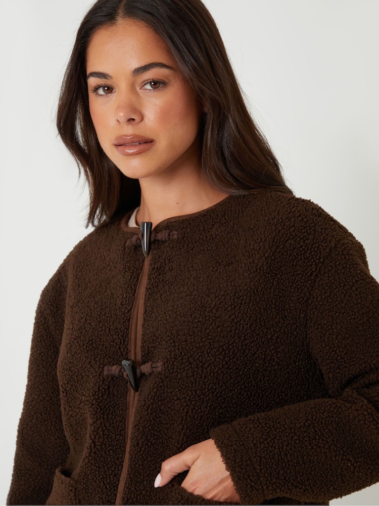 Threadbare Brown Borg Fleece Toggle Jacket - Image 6 of 6 Threadbare Brown Borg Fleece Toggle Jacket - Image 6 of 6