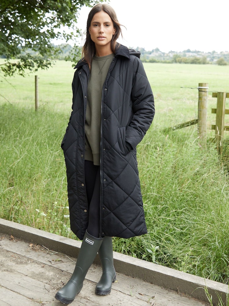 Threadbare Black Padded Diamond Quilted Longline Barn Jacket with Removable Hood - Image 1 of 4
