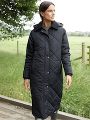 Threadbare Black Padded Diamond Quilted Longline Barn Jacket with Removable Hood - Image 2 of 4