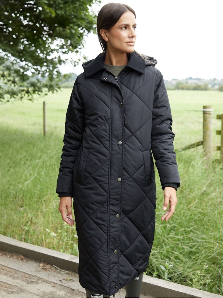 Threadbare Black Padded Diamond Quilted Longline Barn Jacket with Removable Hood - Image 2 of 4