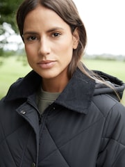 Threadbare Black Padded Diamond Quilted Longline Barn Jacket with Removable Hood - Image 4 of 4