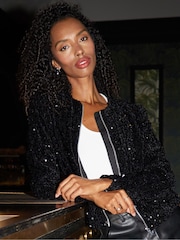 Threadbare Black Sequin Zip-Up Bomber Jacket - Image 1 of 4