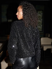 Threadbare Black Sequin Zip-Up Bomber Jacket - Image 2 of 4