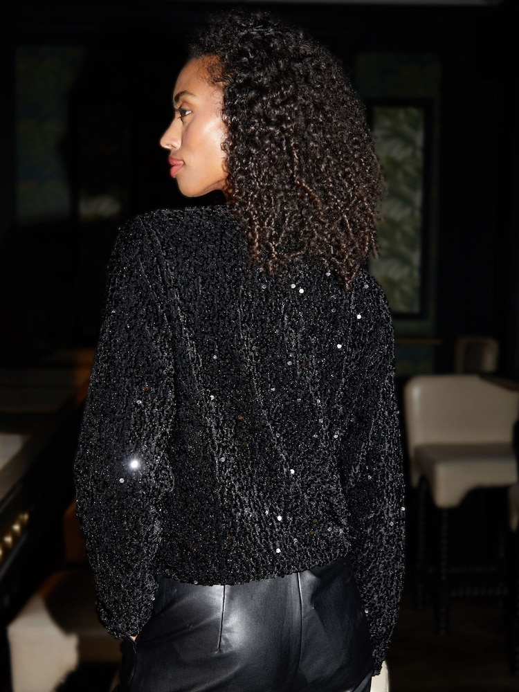 Threadbare Black Sequin Zip-Up Bomber Jacket - Image 2 of 4