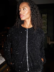 Threadbare Black Sequin Zip-Up Bomber Jacket - Image 3 of 4