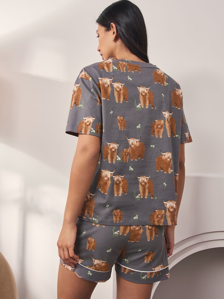 Charcoal Grey Hamish the Highland Cow 100% Cotton Short Sleeve Pyjamas - Image 2 of 7