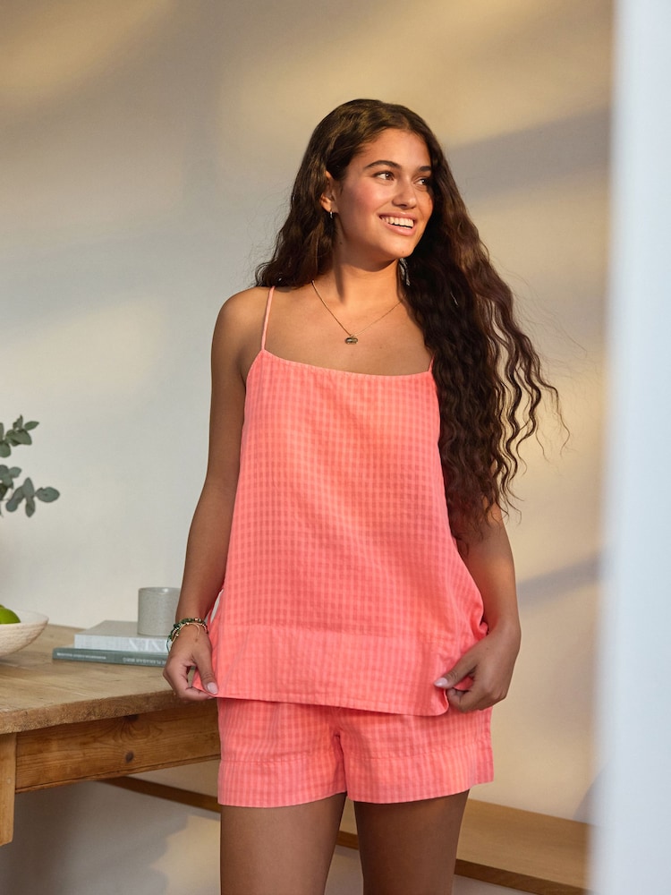 Fluro Pink 100% Cotton Gingham Cami Short Set Pyjamas - Image 1 of 10