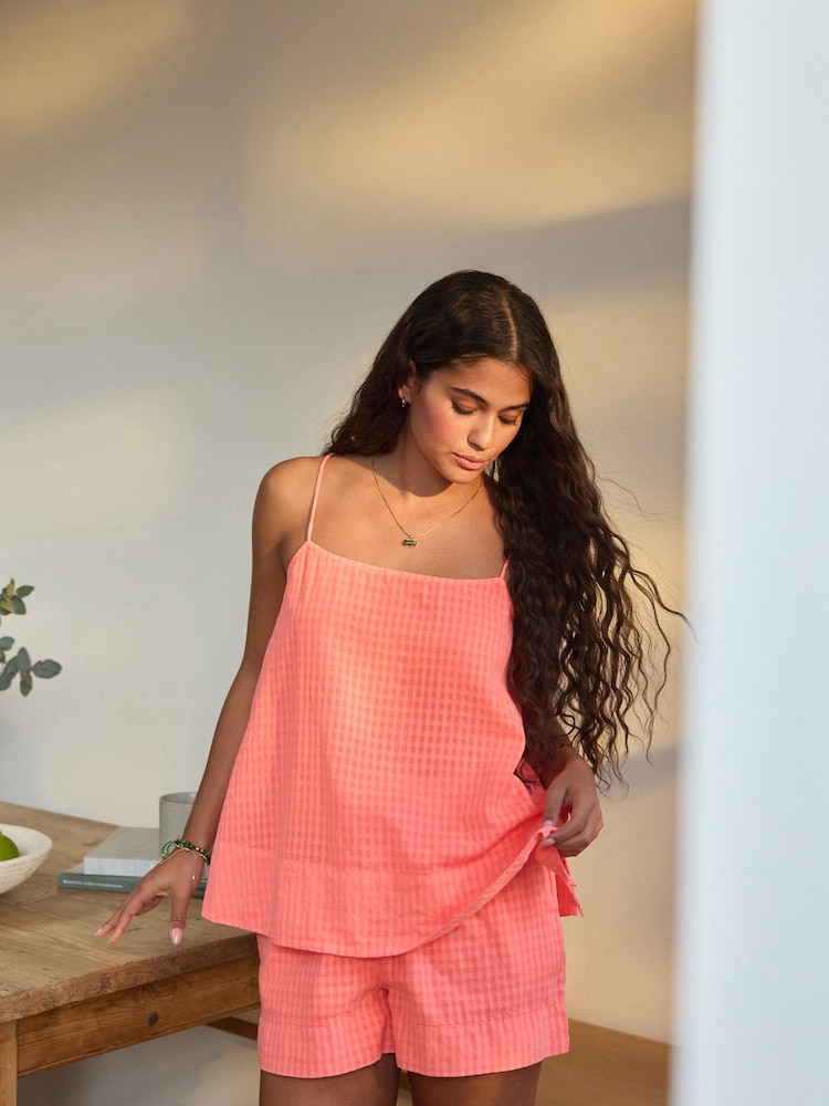 Fluro Pink 100% Cotton Gingham Cami Short Set Pyjamas - Image 2 of 10