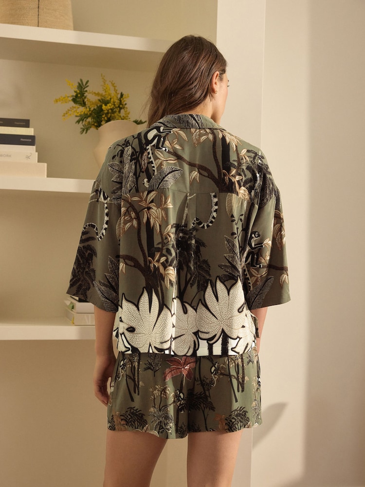 Khaki Green Palm Button Through Short Set Pyjamas - Image 3 of 11