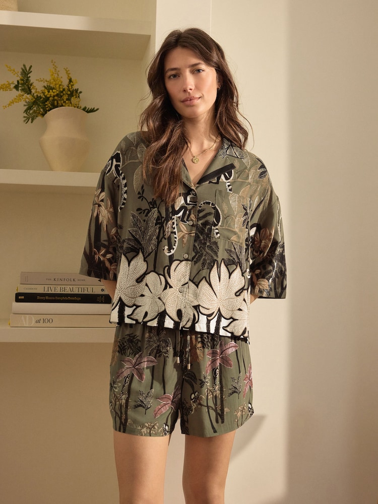 Khaki Green Palm Button Through Short Set Pyjamas - Image 4 of 11