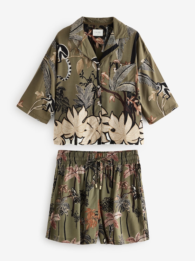 Khaki Green Palm Button Through Short Set Pyjamas - Image 7 of 11