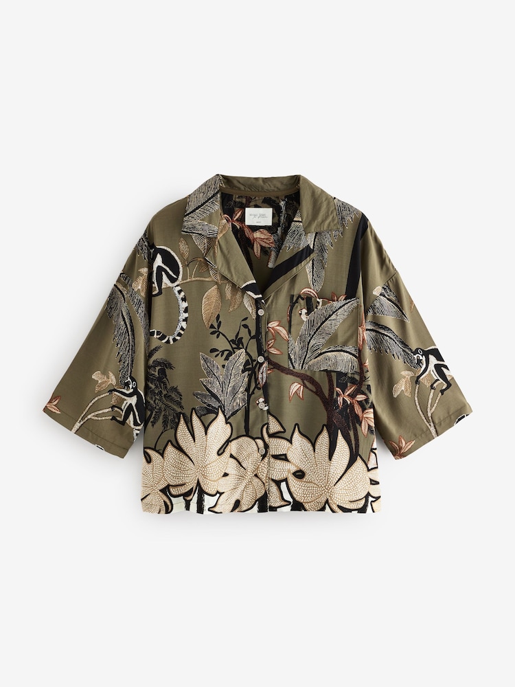 Khaki Green Palm Button Through Short Set Pyjamas - Image 8 of 11