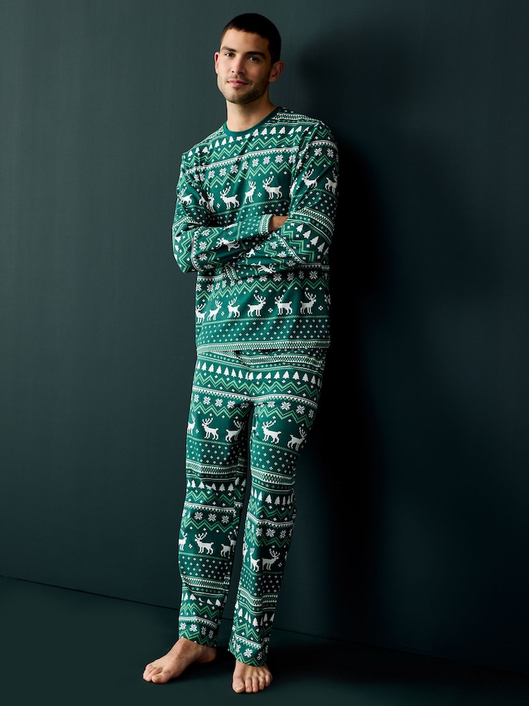 Society 8 Green Mens Fairisle Pattern Christmas Pyjamas - Image 1 of 4