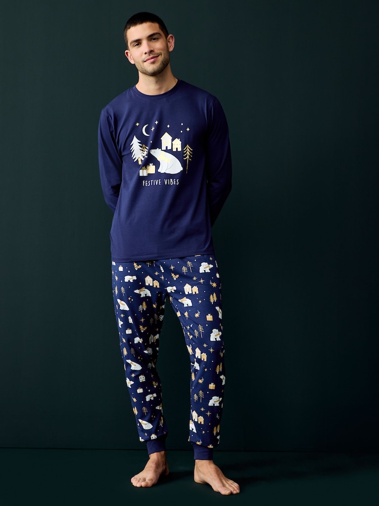 Society 8 Blue Mens Festive Vibes Bear Pyjamas - Image 1 of 3
