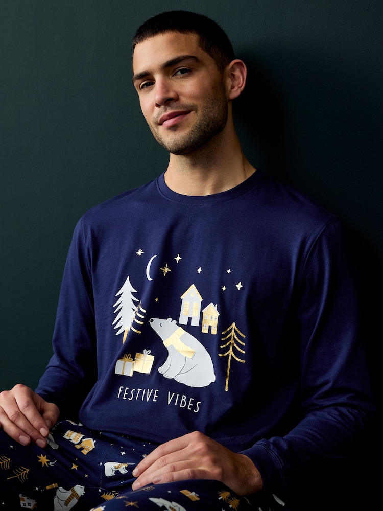 Society 8 Blue Mens Festive Vibes Bear Pyjamas - Image 3 of 3