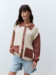 Neutral Floral Back Graphic Collared 100% Cotton Cardigan - Image 2 of 9